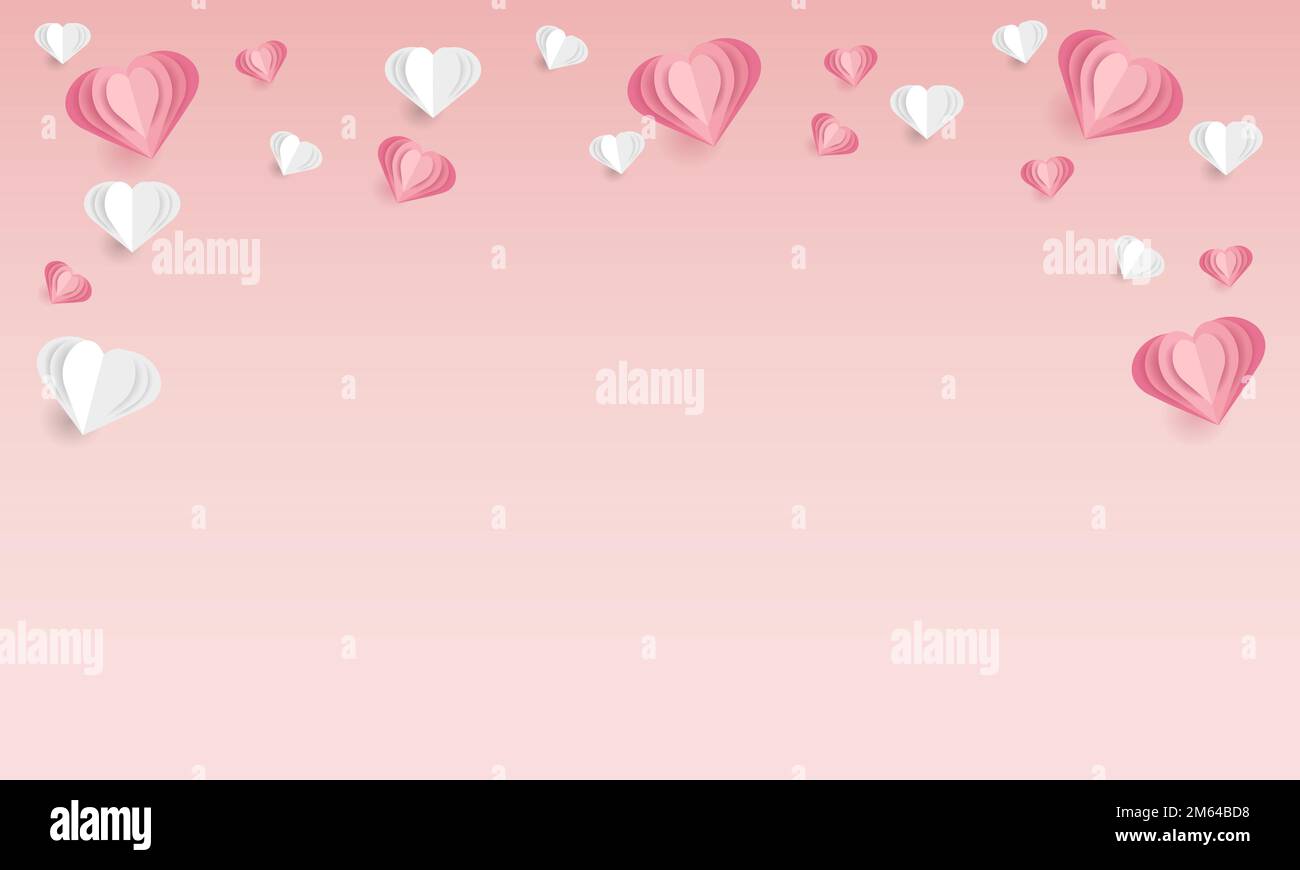 Viele Vektorpapierherzen, Herzrahmen auf pinkfarbenem verlaufendem Hintergrund. Valentinstag, Symbol der Liebe. Stock Vektor