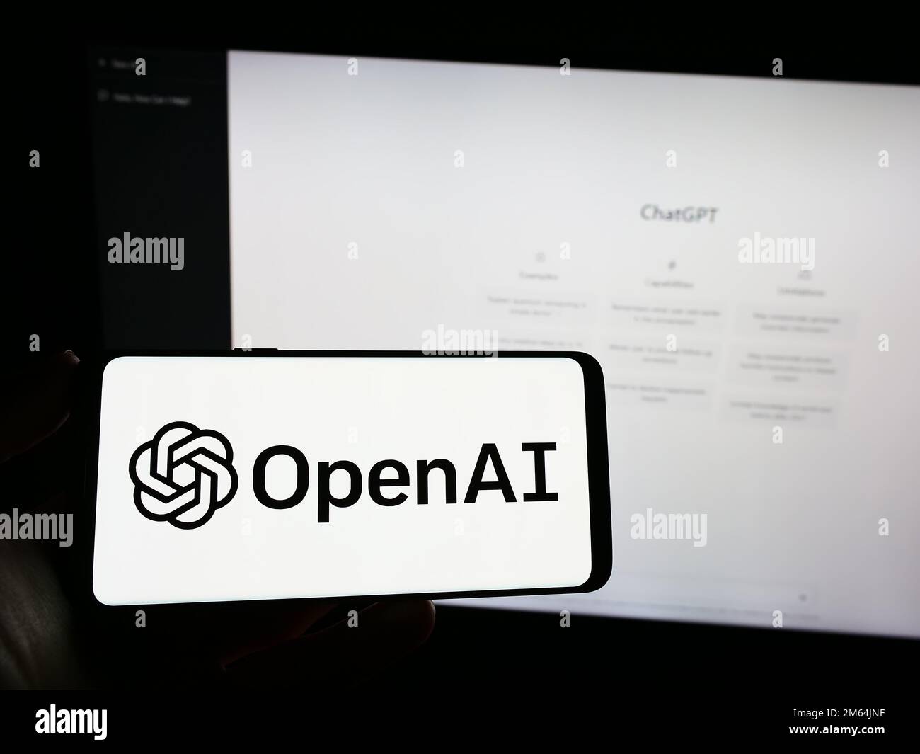 Person, die ein Smartphone mit dem Logo des US-amerikanischen Unternehmens OpenAI LLC für künstliche Intelligenz auf dem Bildschirm vor der Website hält. Konzentrieren Sie sich auf das Display des Telefons. Stockfoto