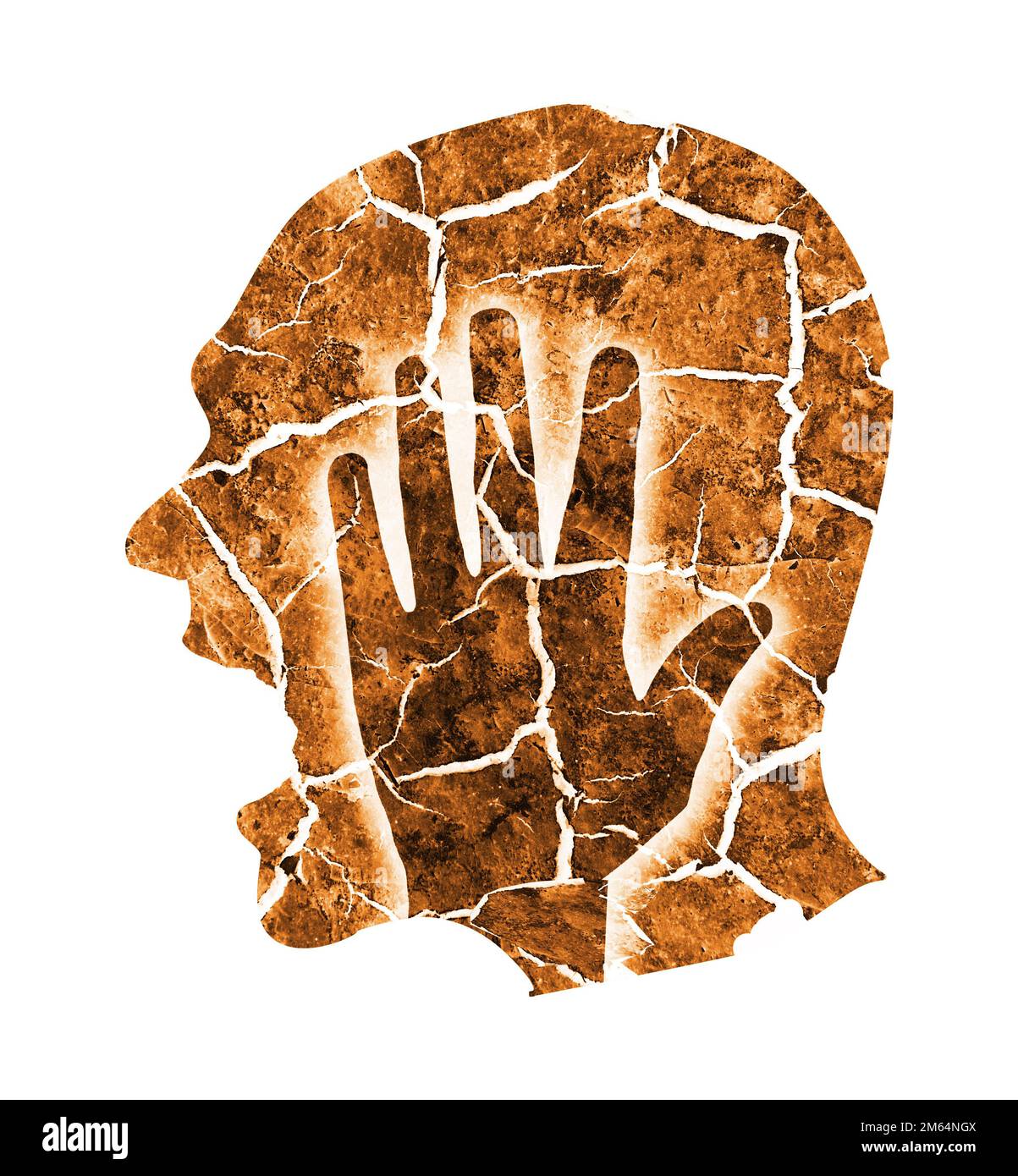 Kopfschmerz Migränedepression. Männliche Silhouette mit trockener zerbrochener Erde symbolisiert Wahnsinn, Depression, Kopfschmerzen. Ein Mann, der seinen Kopf hält. Stockfoto