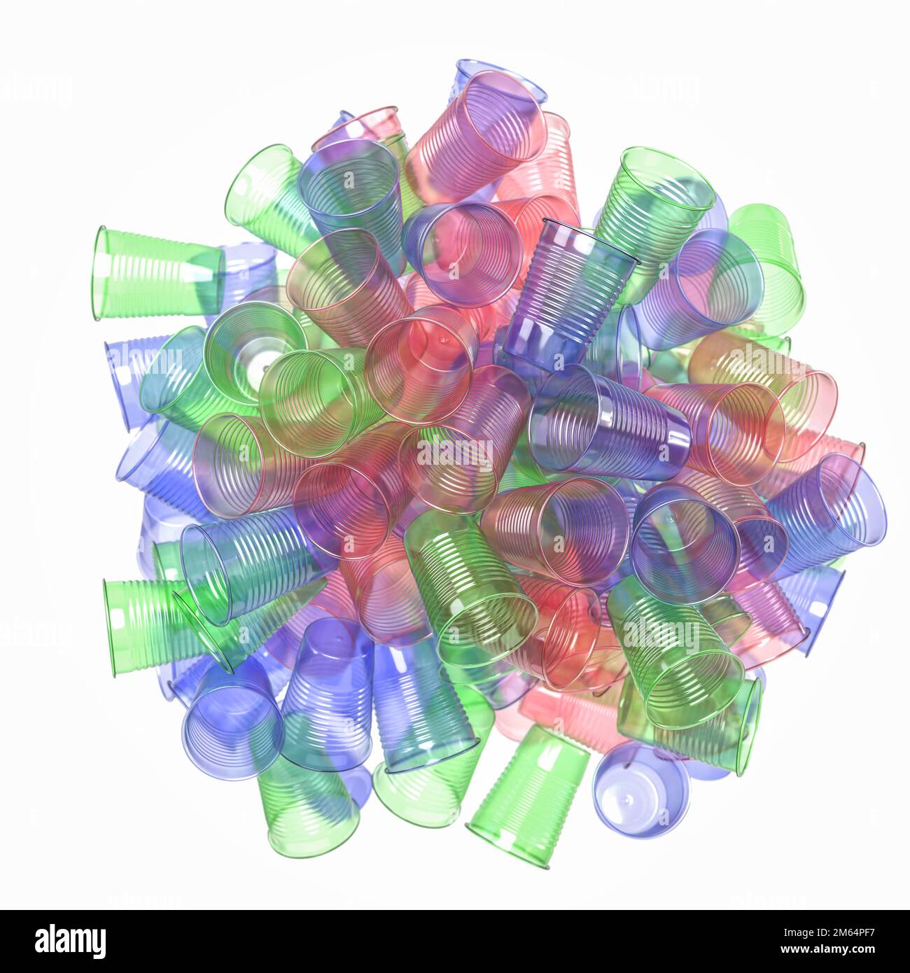 Leere Plastikbecher in rot, grün und blau, die einen Planeten Erde bauen. Konzept für Kunststoffabfälle, Mikroplastik und Umweltbewusstsein. Stockfoto