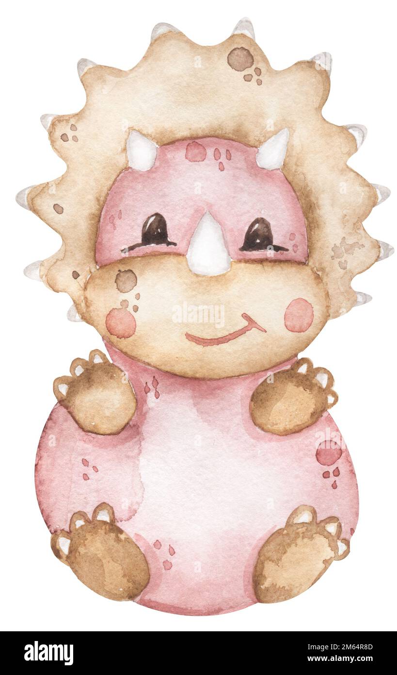 Aquarelle Dinosaurier-Illustration für Kinder, niedliche Dinosaurier-Clipart, Aufdruck im Kinderzimmer Stockfoto