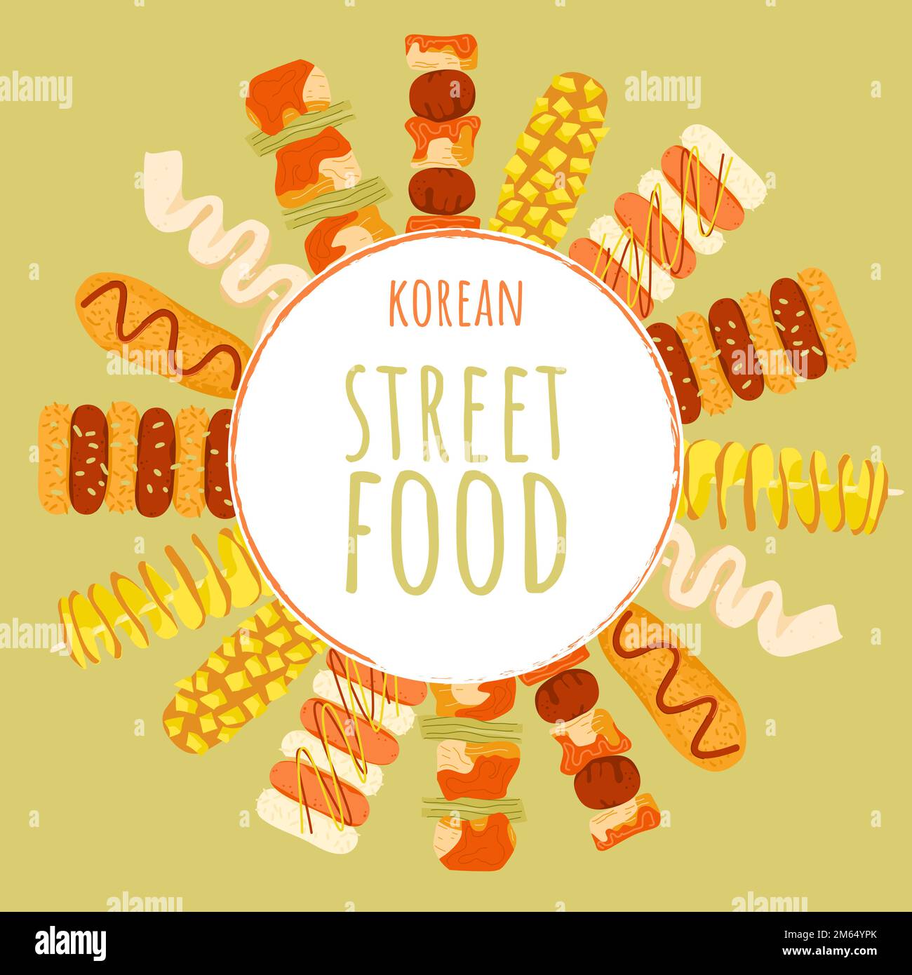 Asiatisches Fast Food rund um die Grenze. Koreanisches Street Food auf einem Strichmännchen-Festival-Rahmenbanner. Corndog-Hotdog, Fischkuchen, Tornado-Kartoffeln, Reis und Hühnerspieße, Stock Vektor