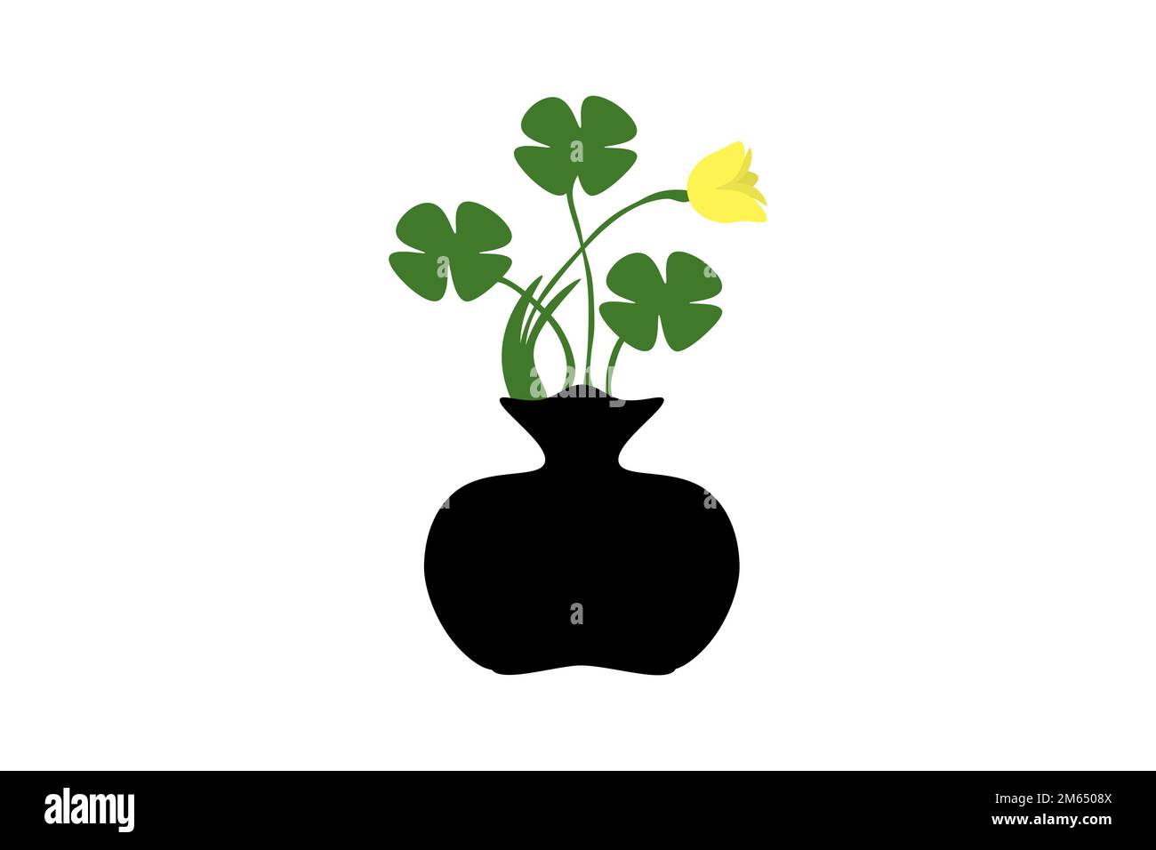 Vierblättrige Klee und gelbe Tulpe in Vasensymbol isoliert auf weißem Hintergrund. Stockfoto