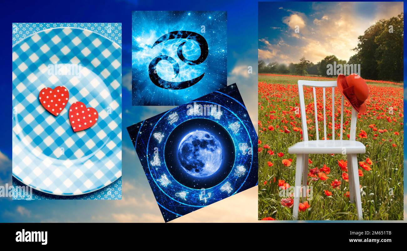 Zodiakussymbol des Krebses und Bilder im Zusammenhang Stockfoto