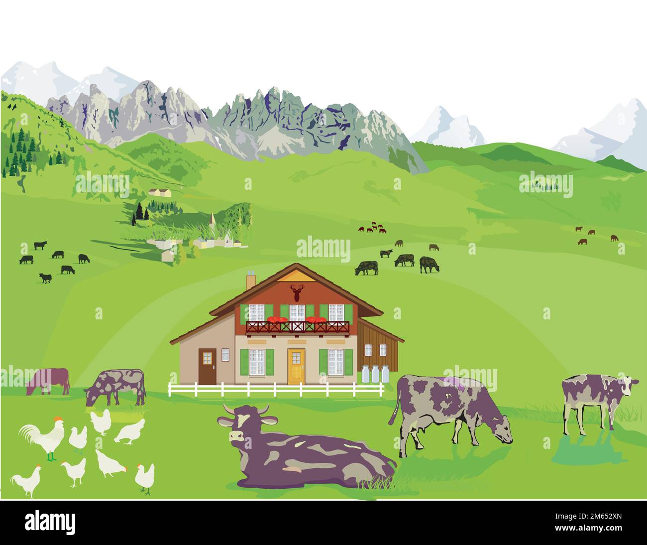 Bergpanorama mit Kühen auf der Alp, Illustration Stock Vektor