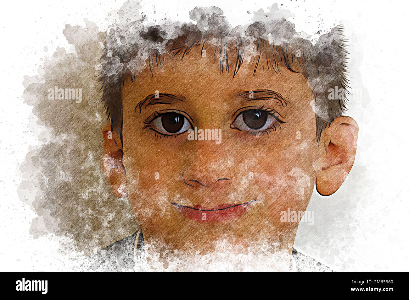 Ein Junge mit großen Augen und einem Lächeln. Ölmalerei und Aquarelleffekt. Stockfoto