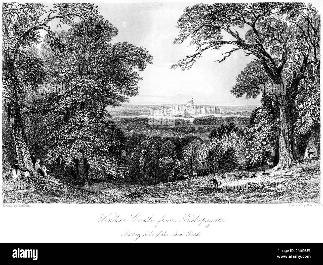 Eine Gravur von Windsor Castle aus Bishopsgate, Surrey Side of the Great Park, gescannt in hoher Auflösung aus einem 1850 gedruckten Buch. Stockfoto