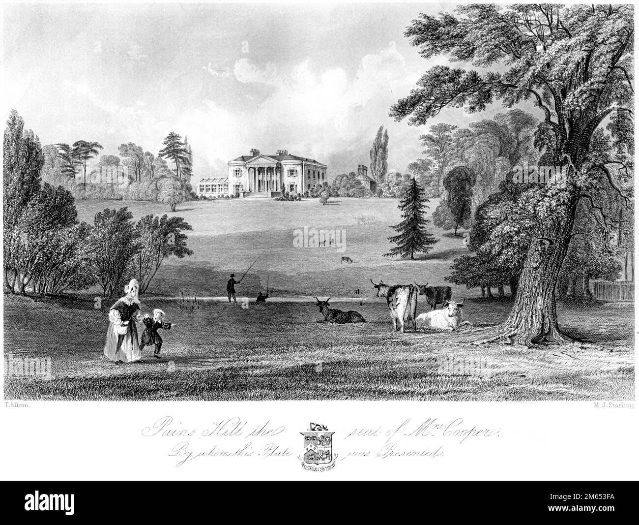 Eine Gravur von Pains Hill The Seat of Mrs. Cooper (Painshill) scannte Surrey in hoher Auflösung aus einem 1850 gedruckten Buch. Glaubte, dass es keine Urheberrechte gibt Stockfoto