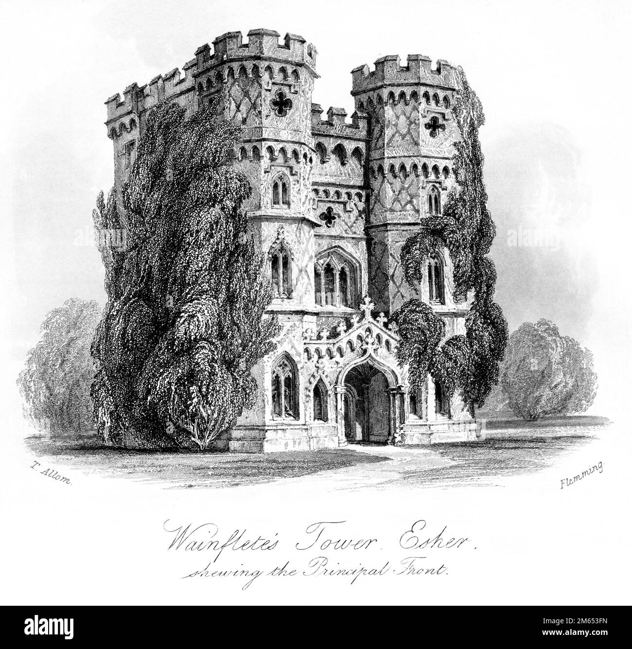 Eine Gravur des Wainfletes Tower Esher Shewing the Principal Front, (Wayneflete Tower) Surrey scannte in hoher Auflösung von einem 1850 gedruckten Buch. Stockfoto