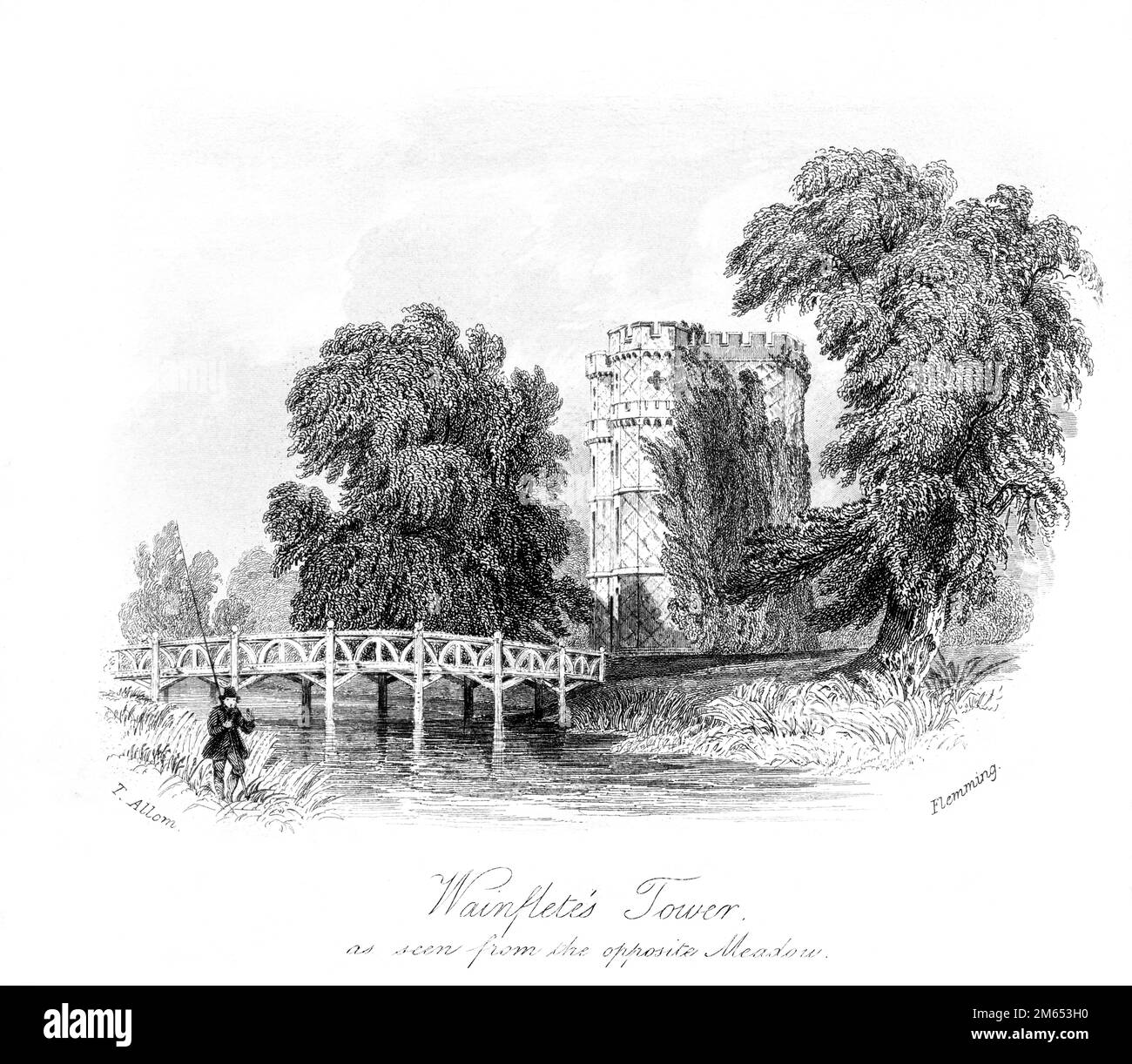 Eine Gravur des Wainfletes Tower, gesehen von der gegenüberliegenden Wiese (Wayneflete Tower), die Surrey mit hoher Auflösung aus einem 1850 gedruckten Buch scannt. Stockfoto