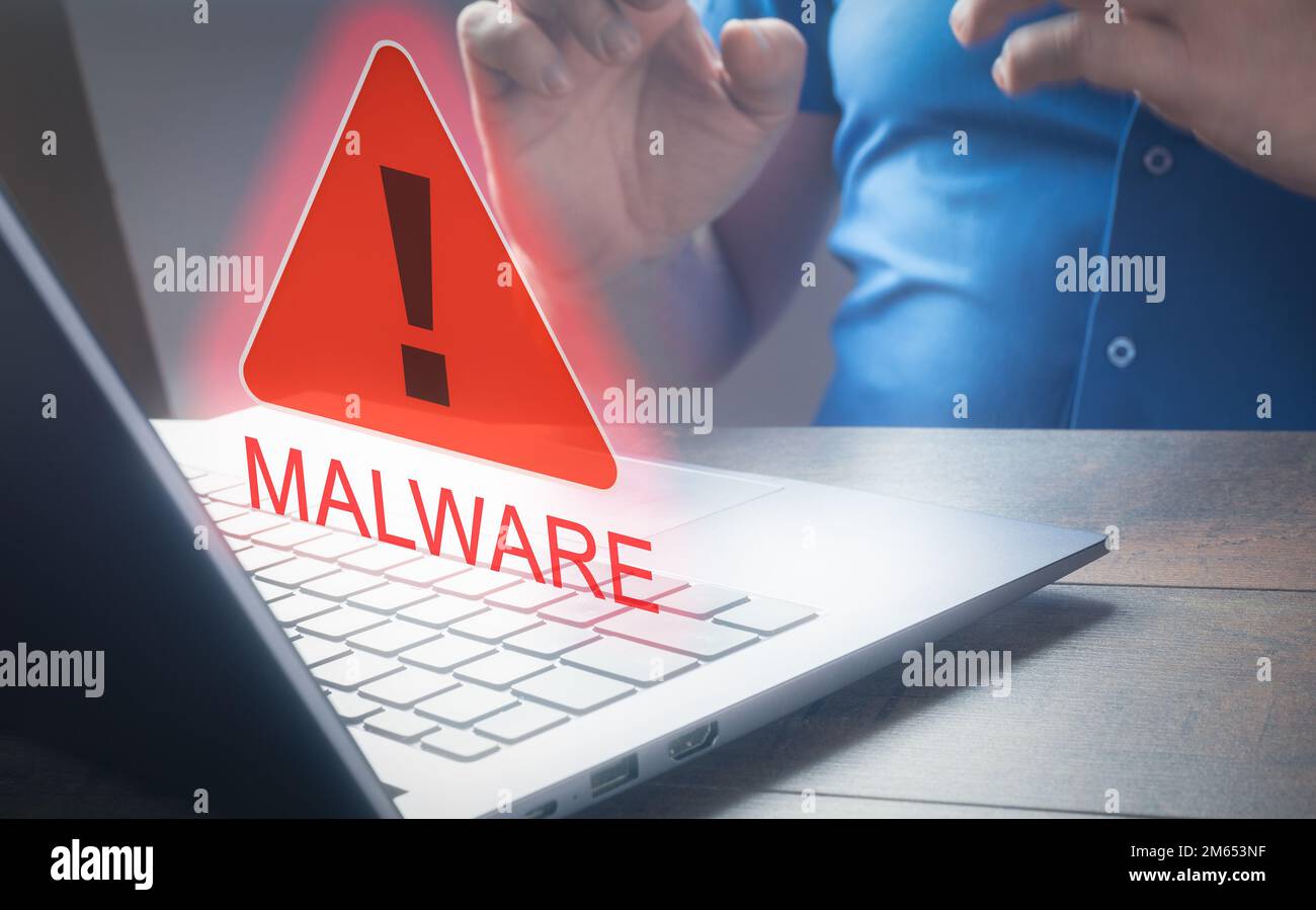 Verwenden Sie den Laptop und zeigen Sie den Malware-Bildschirm. Hack-Passwort und persönliche Daten. . Person, Die Auf Den Laptop-Bildschirm Schaut Und Malware-Text Anzeigt. Internetnetzwerke Stockfoto