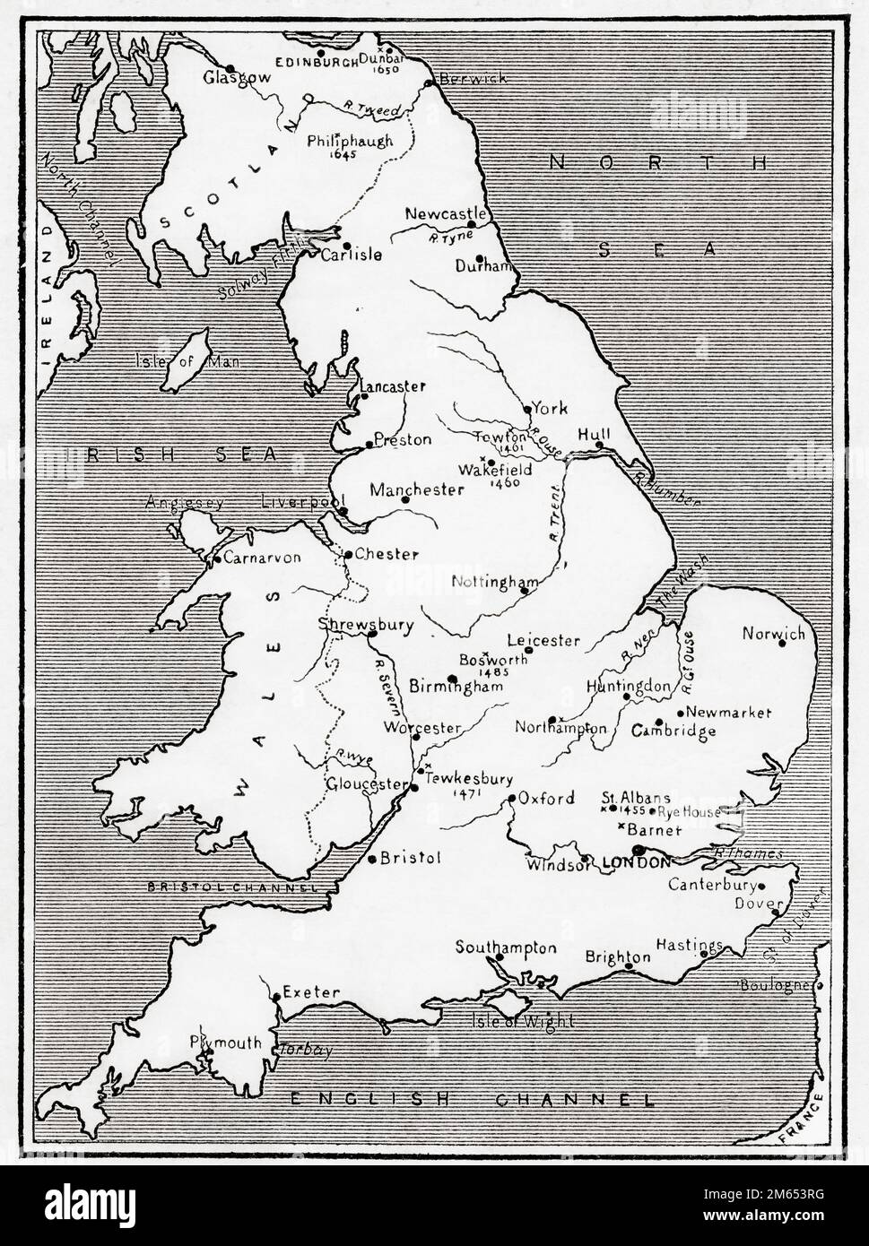 Karte von England mit Rosenkriegen aus dem 15. Jahrhundert. Aus der Geschichte Englands, veröffentlicht 1907 Stockfoto