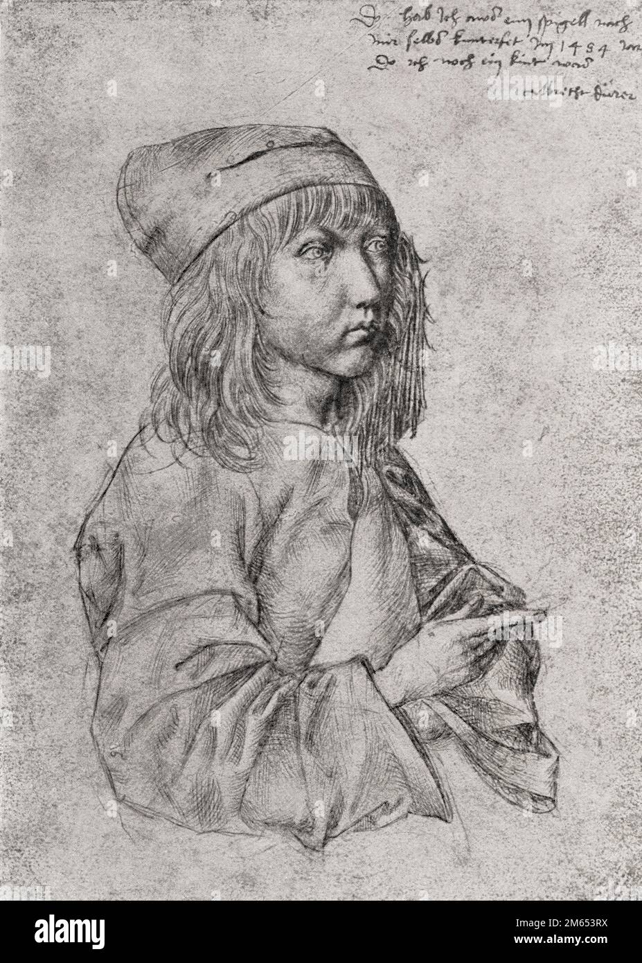 Selbstporträt von Albrecht Dürer, 1471-1528. Die Inschrift in der oberen rechten Ecke lautet: „Ich habe das im Jahr 1484, als ich noch ein Kind war, nach mir selbst gemalt.“ Deutscher Maler, Druckmacher und Theoretiker der deutschen Renaissance. Aus Albrecht Dürer, sein Leben und eine Auswahl seiner Werke, veröffentlicht 1928. Stockfoto