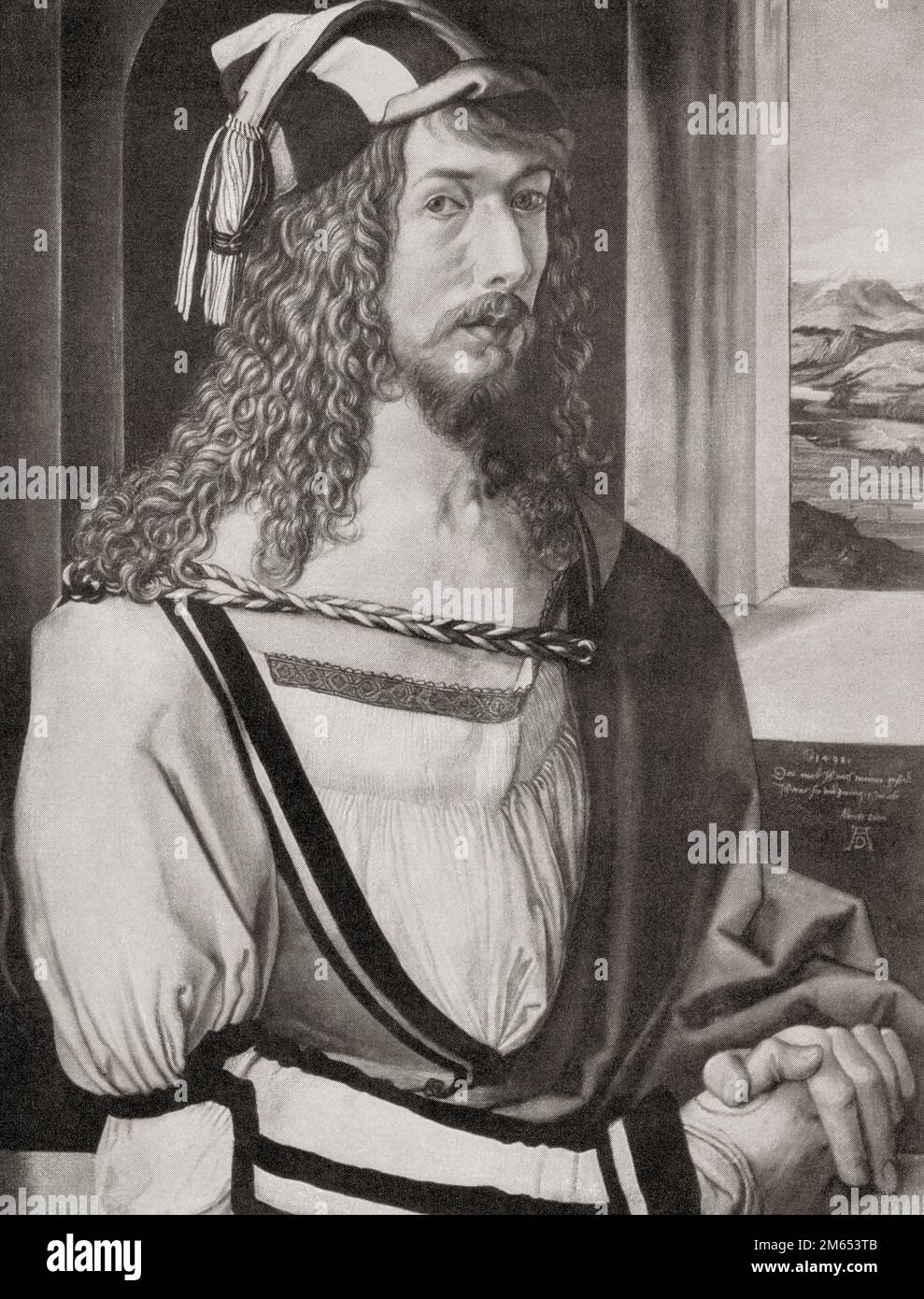 Selbstporträt von Albrecht Durer, 26 Jahre alt. Albrecht Dürer, 1471-1528, manchmal auch auf Englisch als Durer geschrieben. Deutscher Maler, Druckmacher und Theoretiker der deutschen Renaissance. Aus Albrecht Dürer, sein Leben und eine Auswahl seiner Werke, veröffentlicht 1928. Stockfoto