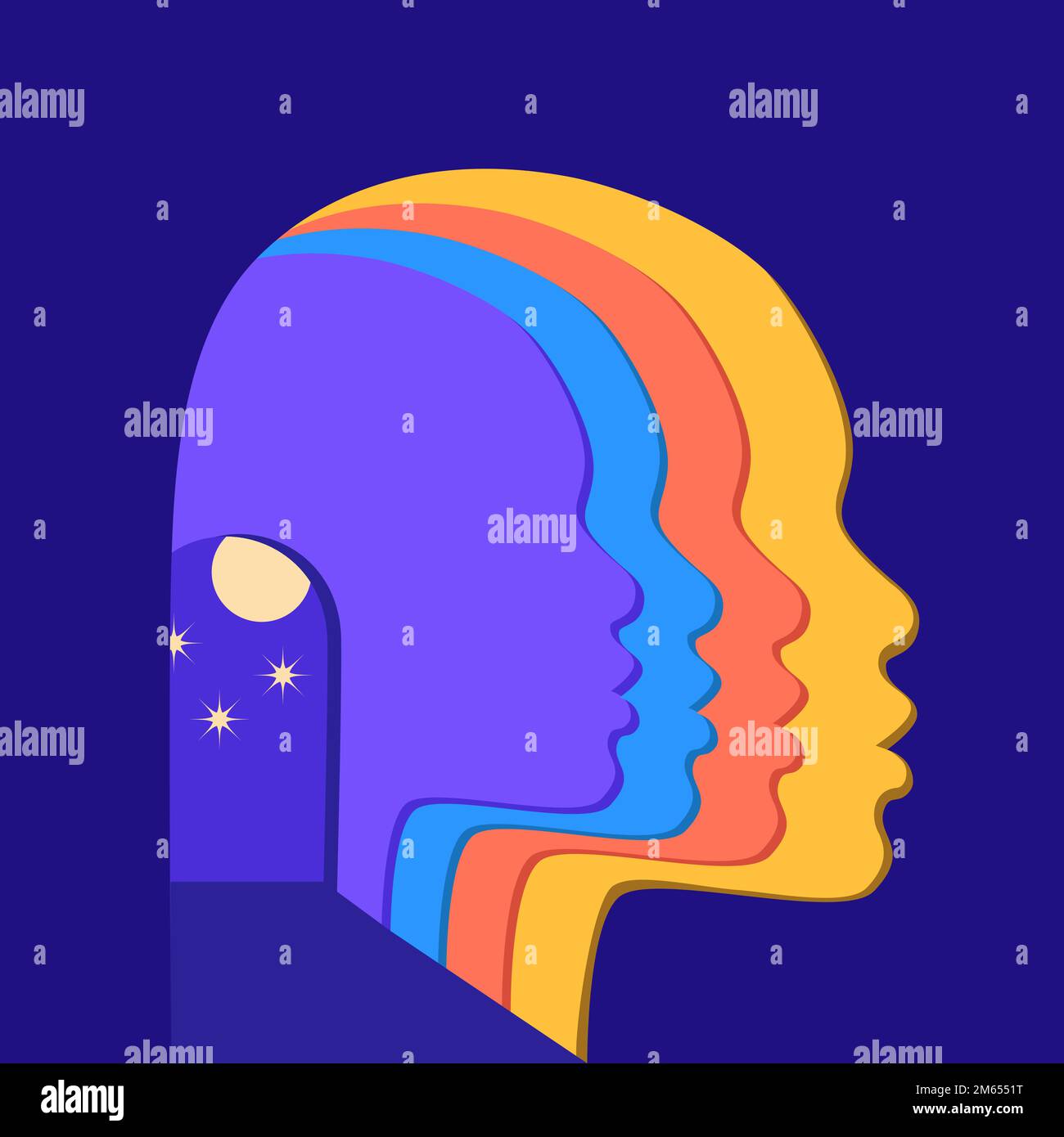 Die Liminalräume aus menschlichen Kopfsilhouetten. Regenbogen-Gesichter auf dem Weg in die Tiefen des Sternenhimmels. Konzept der psychischen Gesundheit, Selbstfürsorge, Selbstentwicklung. Th Stock Vektor