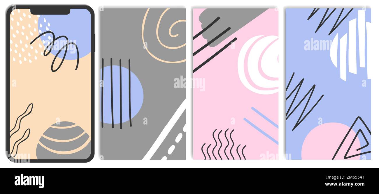 Abstraktes handgezeichnetes vertikales Mobiltelefon-Hintergrundbild-Set. Moderne, einfache, minimalistische organische Formen Vorlagen für Geschichten in sozialen Medien. Doodle wa Stock Vektor