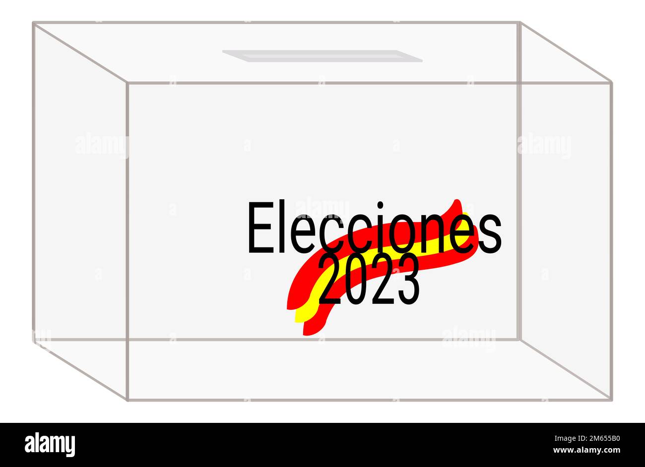 Zeichnung einer transparenten Wahlurne mit den Wahlen 2023 in spanischer Sprache über die Flagge Spaniens Stockfoto