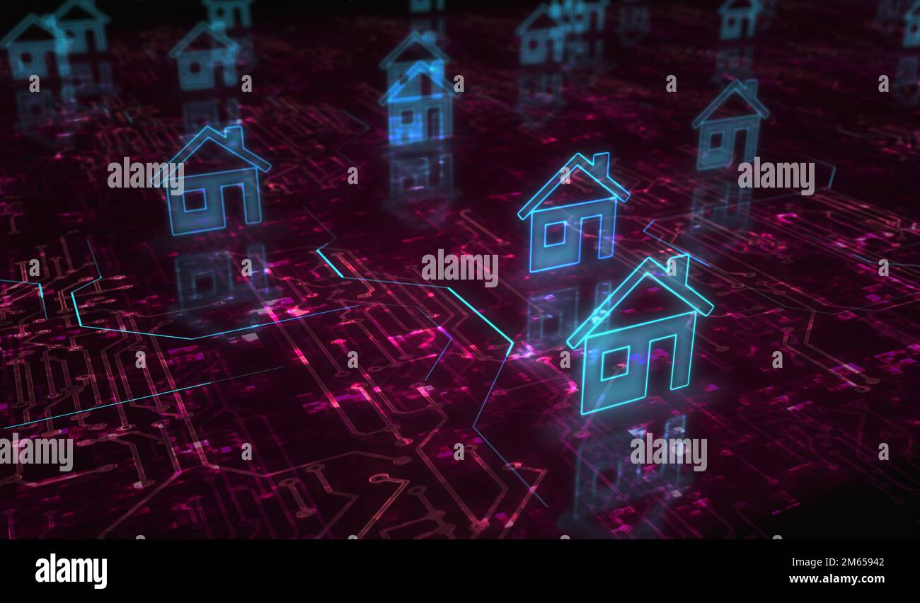 Intelligentes Heimnetzwerksystem, Hausfernsteuerung und digitales iot-Symbol-Konzept. Netzwerk, Cyber-Technologie und Computerhintergrund Abstract 3D illustriert Stockfoto