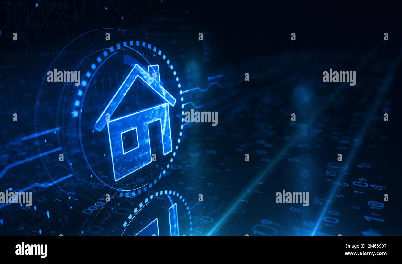 Intelligentes Heimnetzwerksystem, Hausfernsteuerung und digitales iot-Symbol-Konzept. Netzwerk, Cyber-Technologie und Computerhintergrund Abstract 3D illustriert Stockfoto