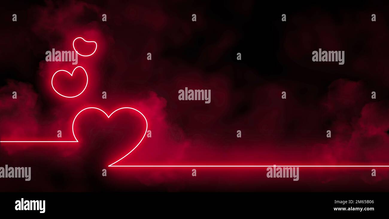 Leuchtend pinkfarbene, herzförmige Neonlichter mit Rauch im Dunkeln, Panoramabanner mit Kopierbereich auf schwarzem Hintergrund Stockfoto