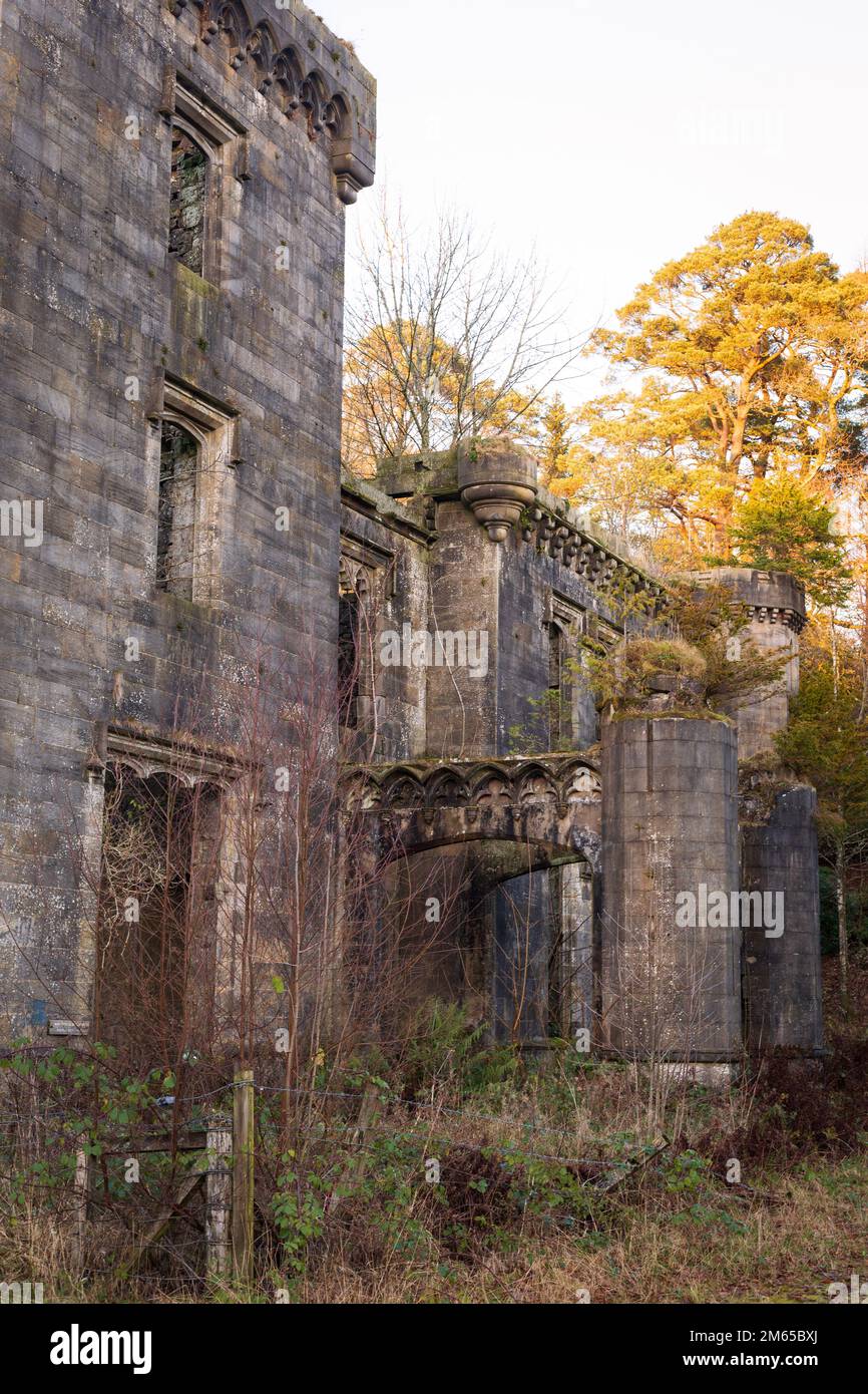 Ruinen eines schottischen Schlosses, versteckt im Wald Stockfoto