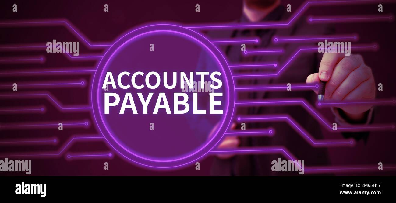 Das Zeichen zeigt die Kreditorenbuchhaltung an. Geschäftsüberblick Geld, das ein Unternehmen seinen Lieferanten als Verbindlichkeit schuldet Stockfoto
