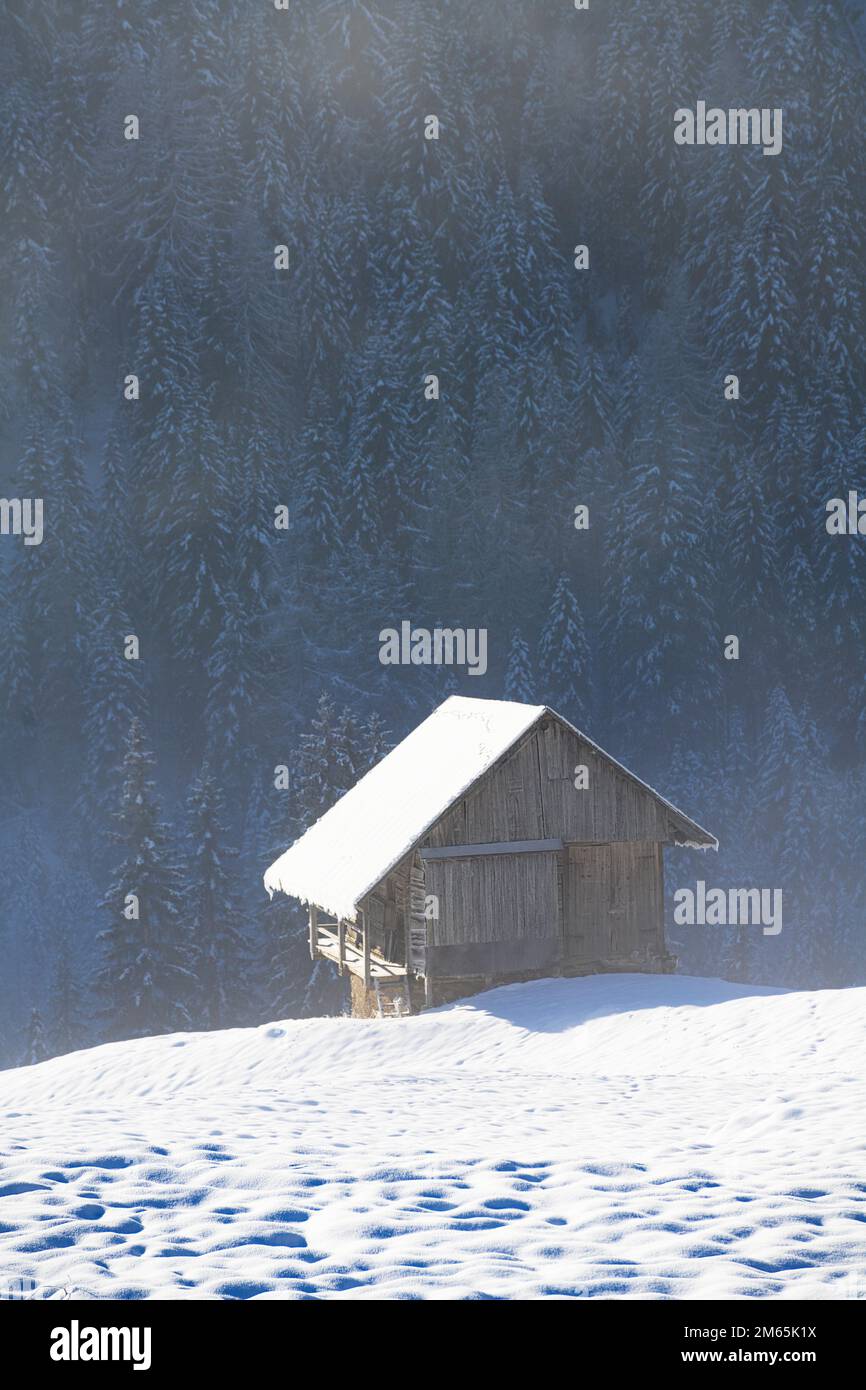 Eine alte Blockhütte in einer schneebedeckten Winterlandschaft Stockfoto