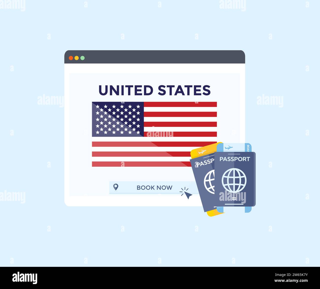 Online-Buchungsservice im Webbrowser, Reiseplanung Land USA Logo-Design. Online-Reservierung von Flugtickets. Konzept für Website. Stock Vektor
