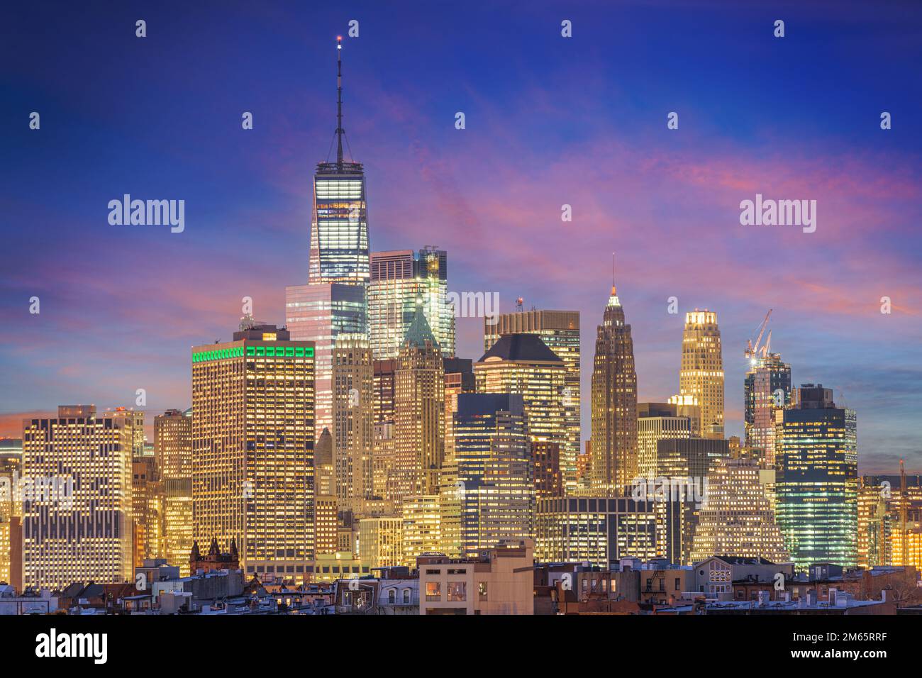 New York, New York Stadtbild in Lower Manhattan in der Dämmerung. Stockfoto