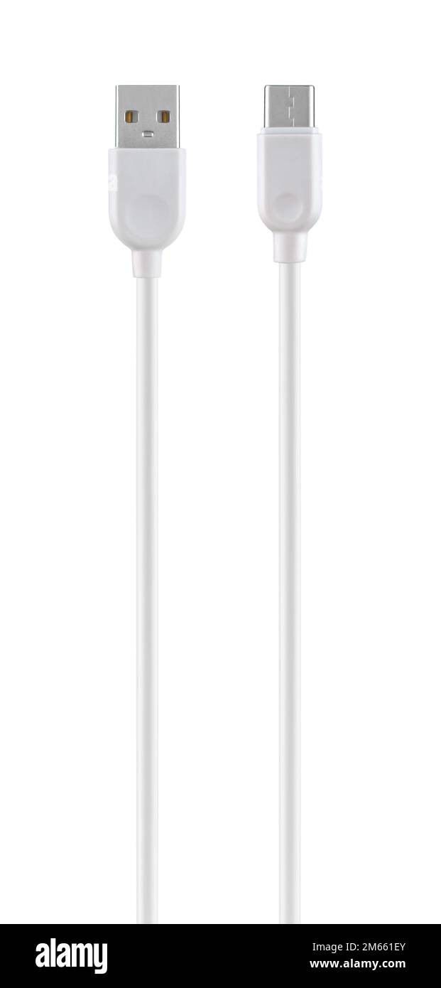 Kabel mit USB- und Typ-C-Anschluss, isoliert auf weißem Hintergrund Stockfoto