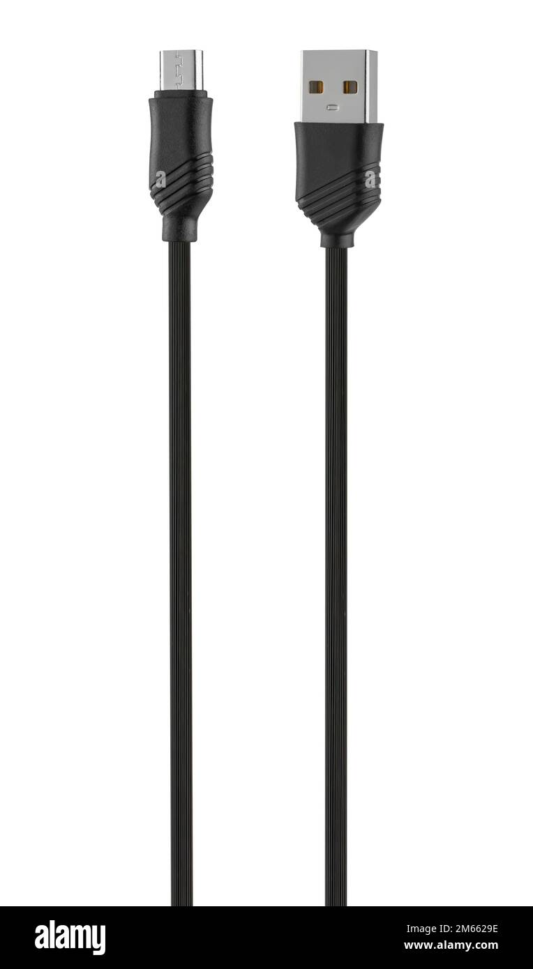 Kabel mit USB- und Micro-USB-Anschluss auf weißem Hintergrund Stockfoto