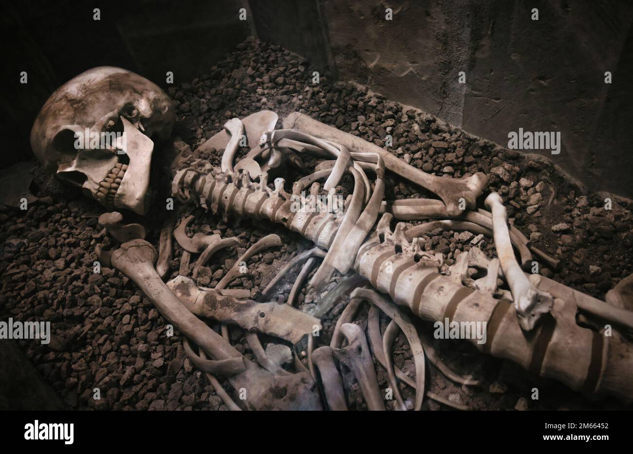 Ein altes menschliches Skelett, das in einem Steinsarg oder Sarkophag liegt Stockfoto