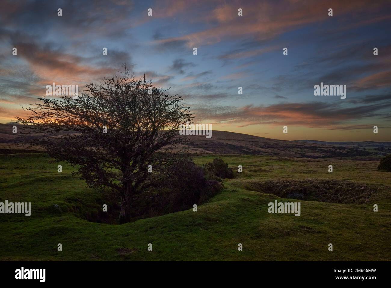 Dartmoor, Devon, Großbritannien. 02. Januar 2023 Sonnenuntergang über Combestone Tor, Dartmoor Nationalpark, Devon. Kredit: Will Tudor/Alamy Live News Stockfoto