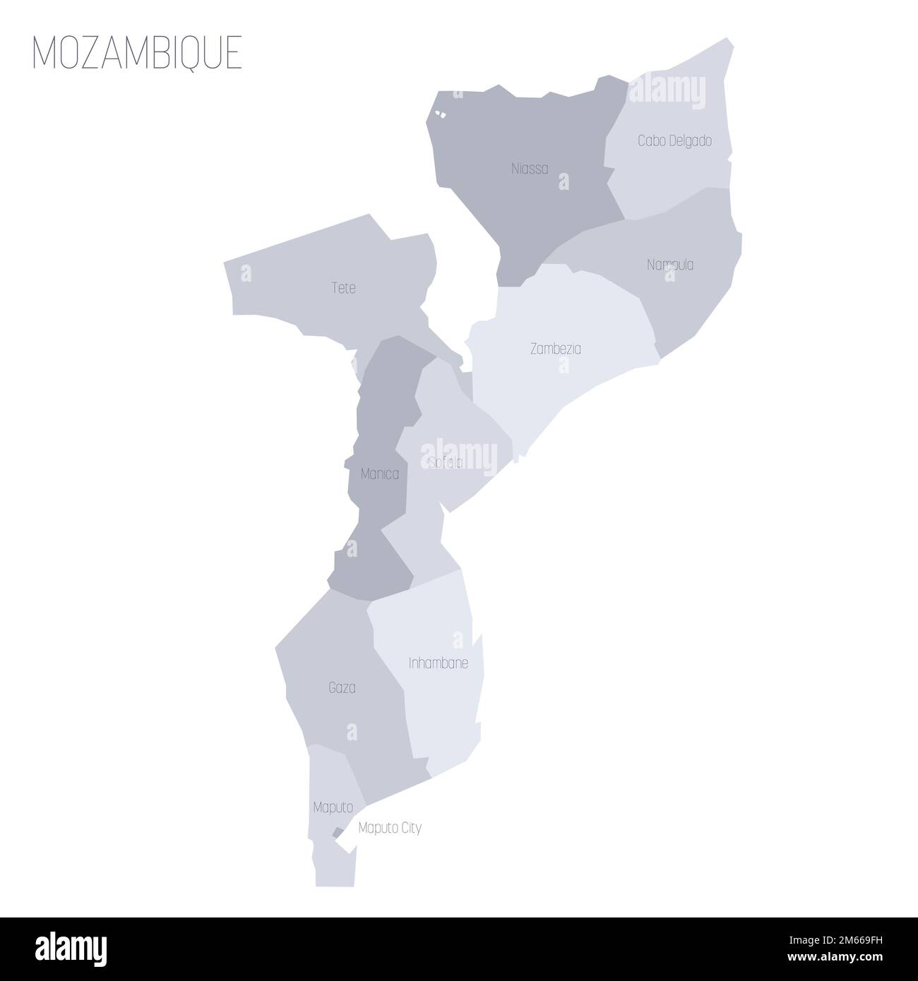 Mosambik politische Karte der Verwaltungseinheiten - Provinzen und Hauptstadt Maputo. Graue Vektorkarte mit Beschriftungen. Stock Vektor