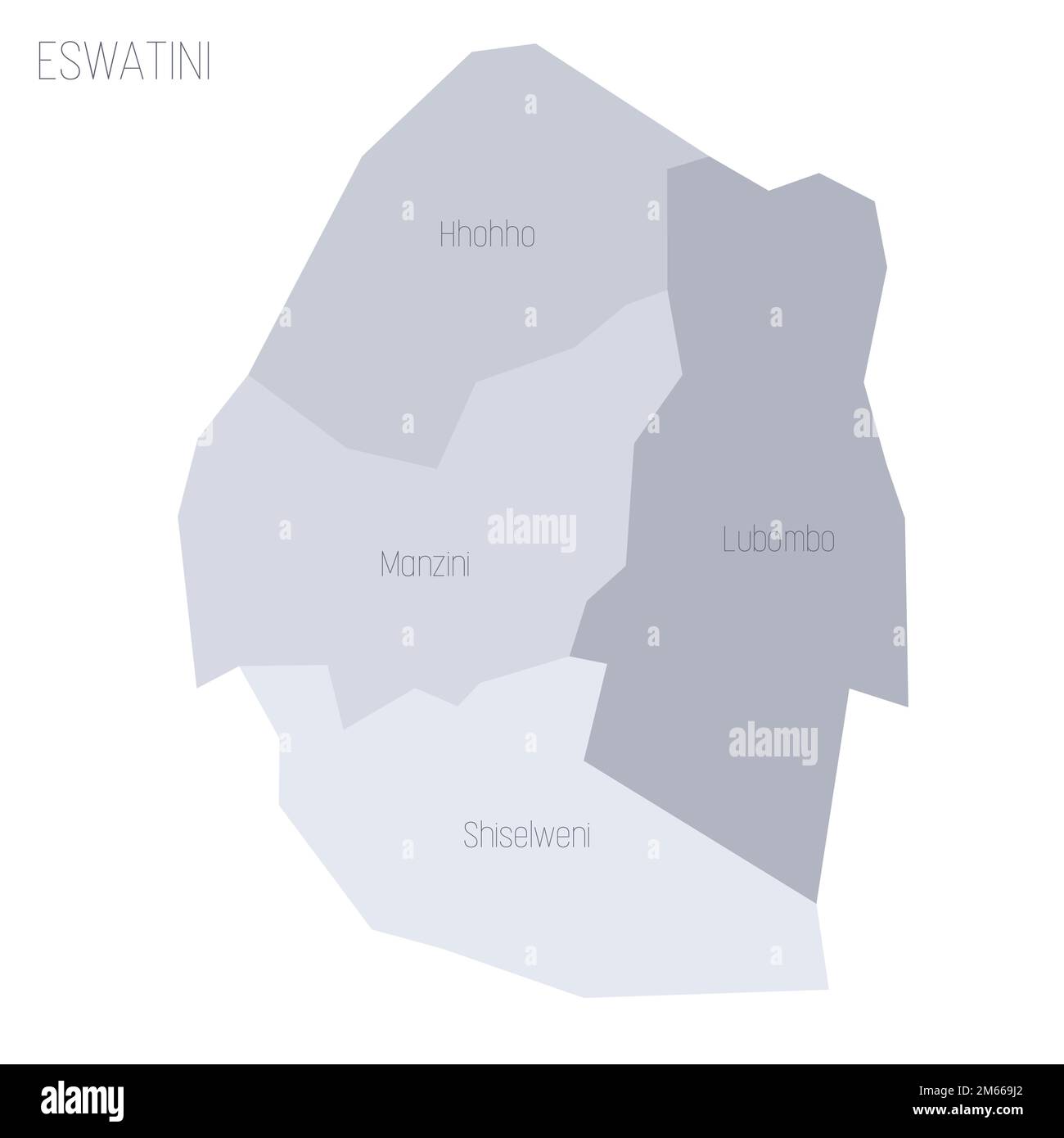 Eswatini politische Karte der Verwaltungsabteilungen Regionen. Graue