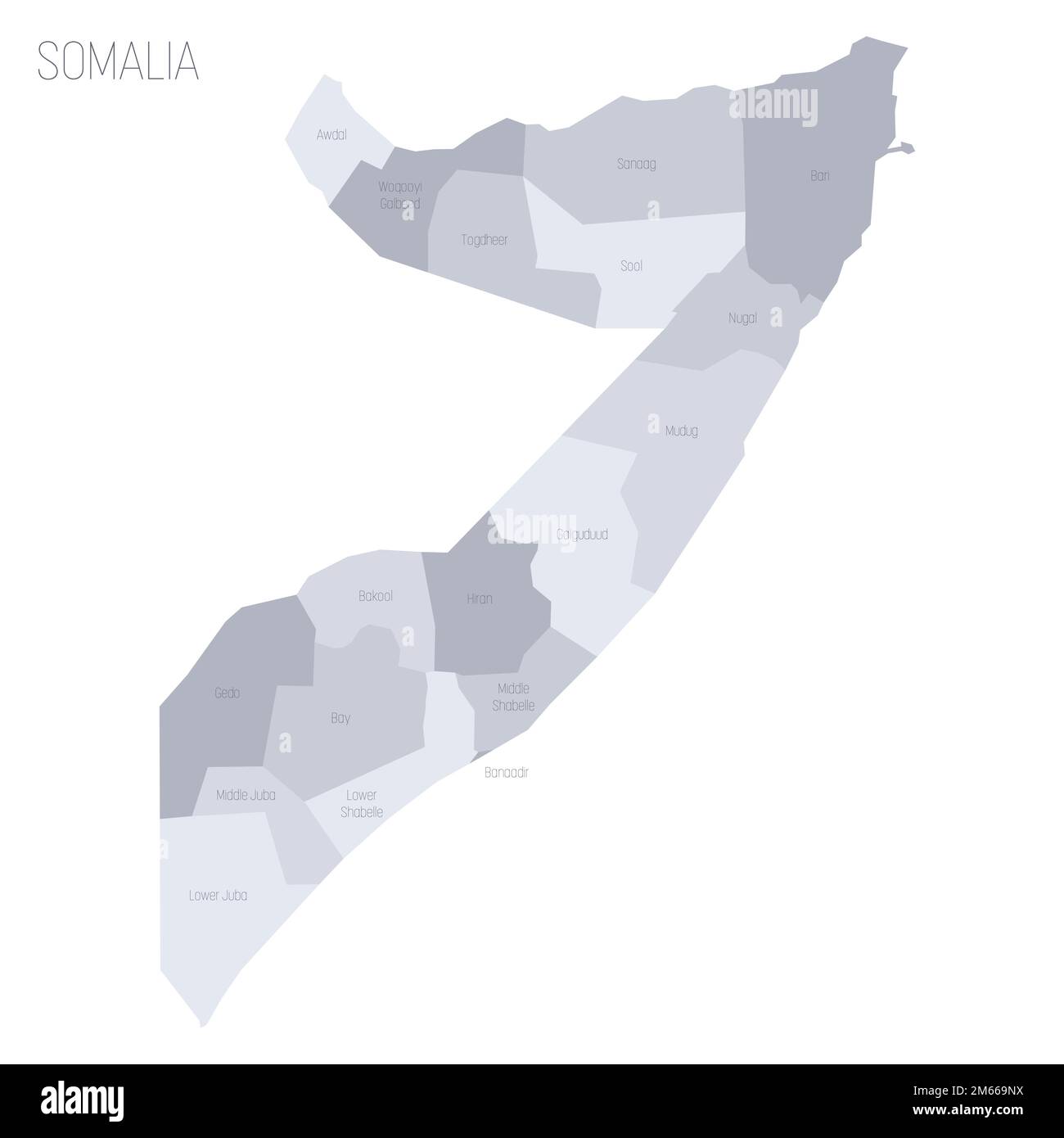 Politische Karte der Verwaltungseinheiten in Somalia - Bundesstaaten. Graue Vektorkarte mit Beschriftungen. Stock Vektor