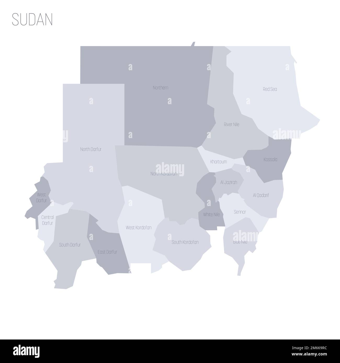 Sudan politische Karte der administrativen Trennlinien - Staaten. Graue Vektorkarte mit Beschriftungen. Stock Vektor