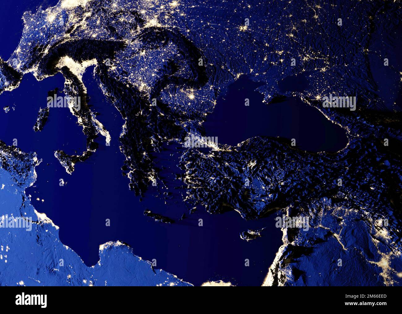 Physische Weltkarte, Satellitenansicht von Europa und Nordafrika. Nachtansicht. Stadtlichter. Globus. Hemisphäre. Reliefs und Ozeane. 3D-Rendering Stockfoto