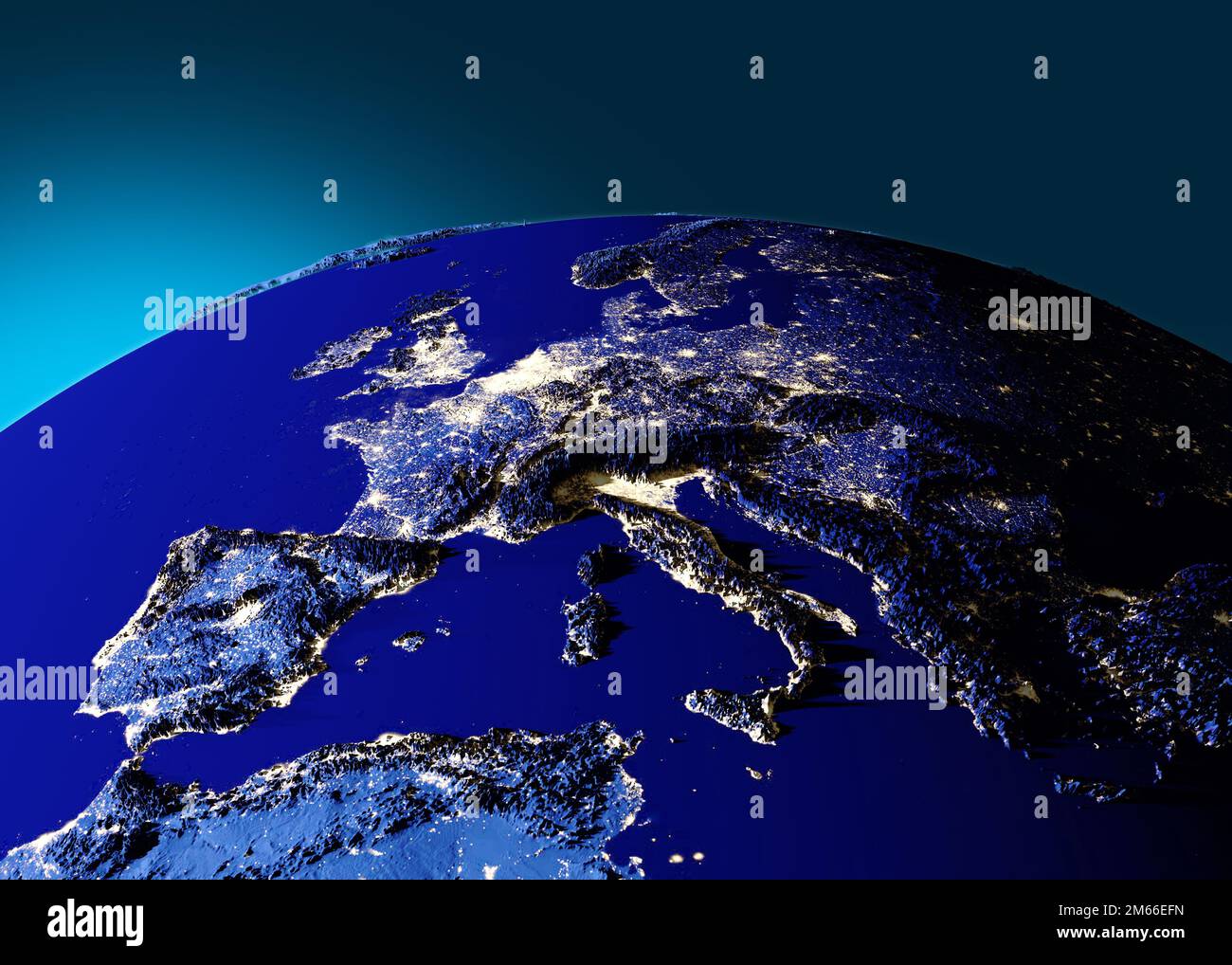 Physische Weltkarte, Satellitenansicht von Europa und Nordafrika. Nachtansicht. Stadtlichter. Globus. Hemisphäre. Reliefs und Ozeane. 3D-Rendering Stockfoto