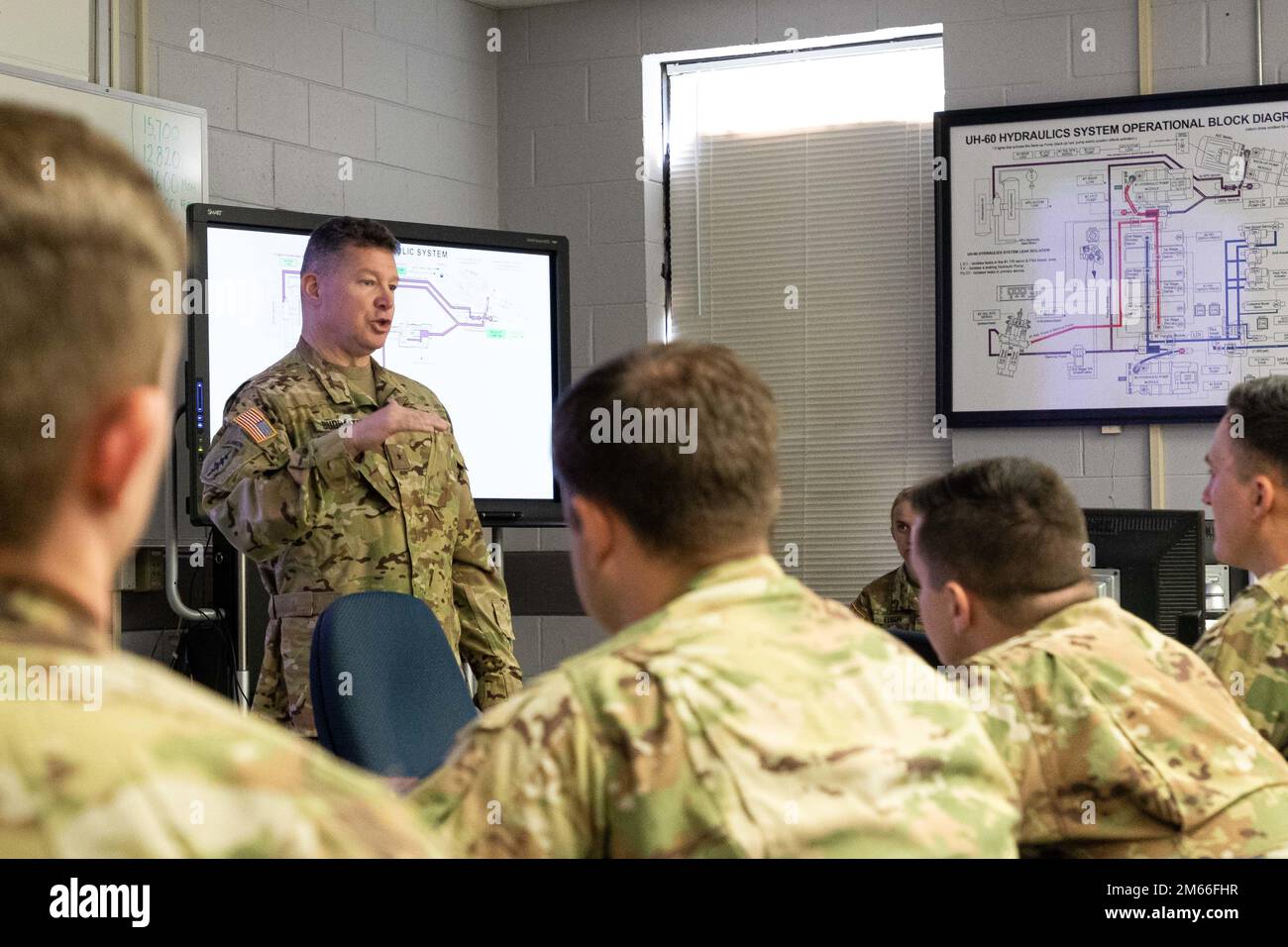 Brigg. General Stanley Budraitis, stellvertretender Befehlshaber des United States Army Aviation Center of Excellence, besuchte Soldaten der Klasse 0922-22, 1. Bataillon, 212. Luftfahrtregiment, 7. April 2022 in Fort Rucker, Alabama. Stockfoto