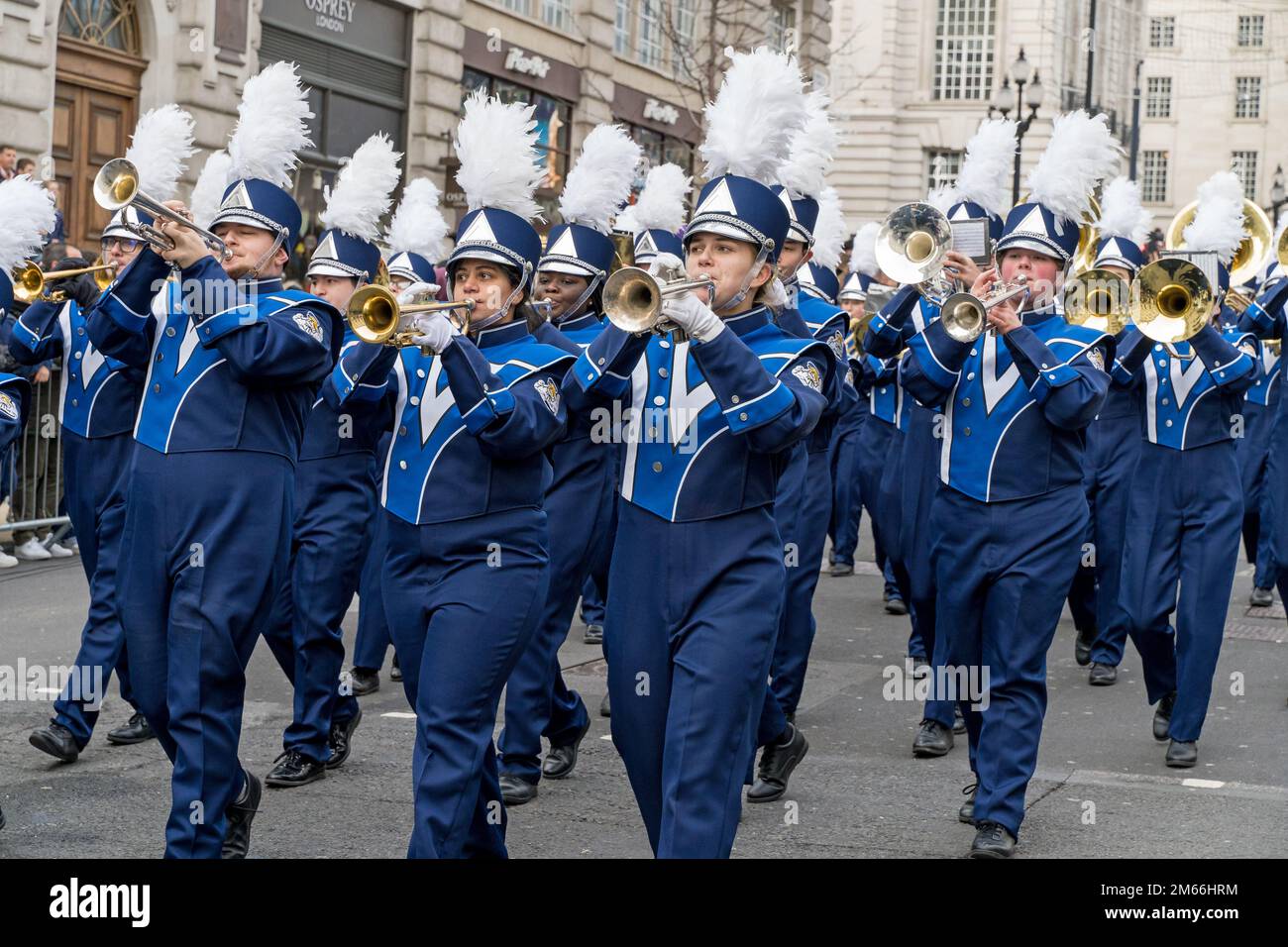 London Silvester-Parade, Marschkapelle Stockfoto