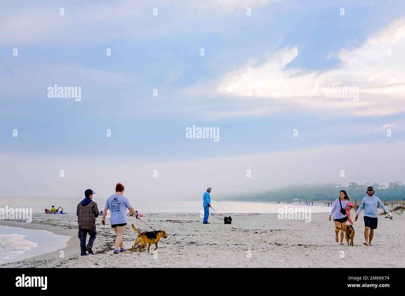 Am Neujahrstag, 1. Januar 2023, gehen die Menschen mit ihren Hunden am Strand entlang auf Dauphin Island, Alabama. Viele Menschen haben sich für das neue Jahr entschieden, mehr zu Fuß zu gehen. Stockfoto