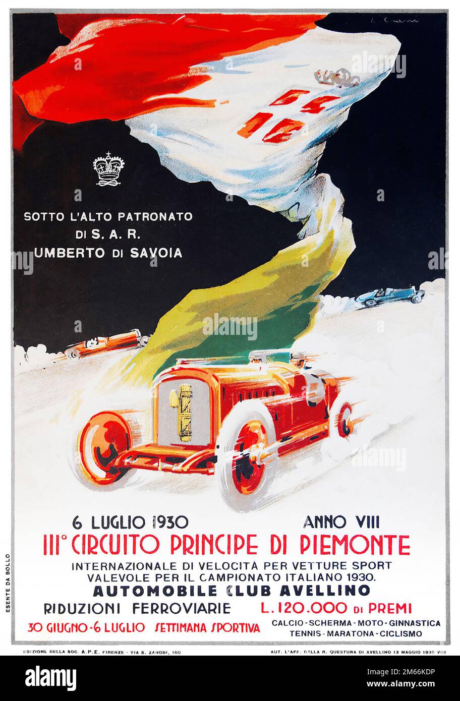 Vintage-1930er-Poster für Motorrennen Circuito Avellino. Renntag: 6. Juli 1930 Circuito Principe Di Piemonte Motorrennen - Oldtimer 1930er Poster Automobile - Club Avellino Italien Stockfoto