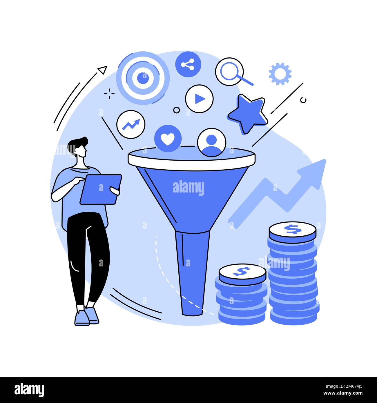 Marketing-Trichter abstrakte Konzept Vektor-Illustration. Internet-Marketing-Technik, Verkaufstrichter Formel, Produktzyklus, Werbung System Kontrolle, Stock Vektor