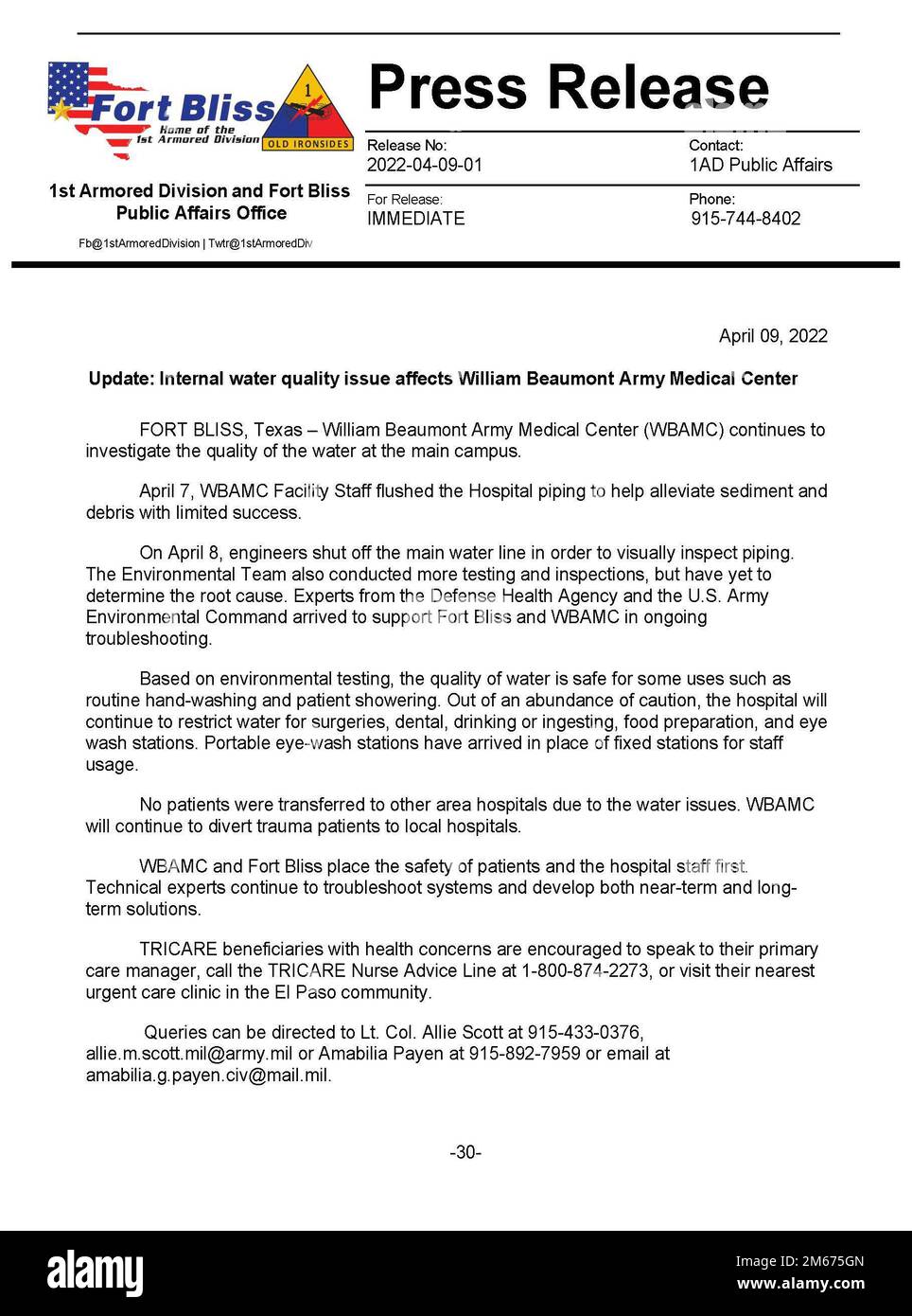 Aktualisierte Pressemitteilung zum Thema Wasserkontamination im William Beaumont Army Medical Center Stockfoto