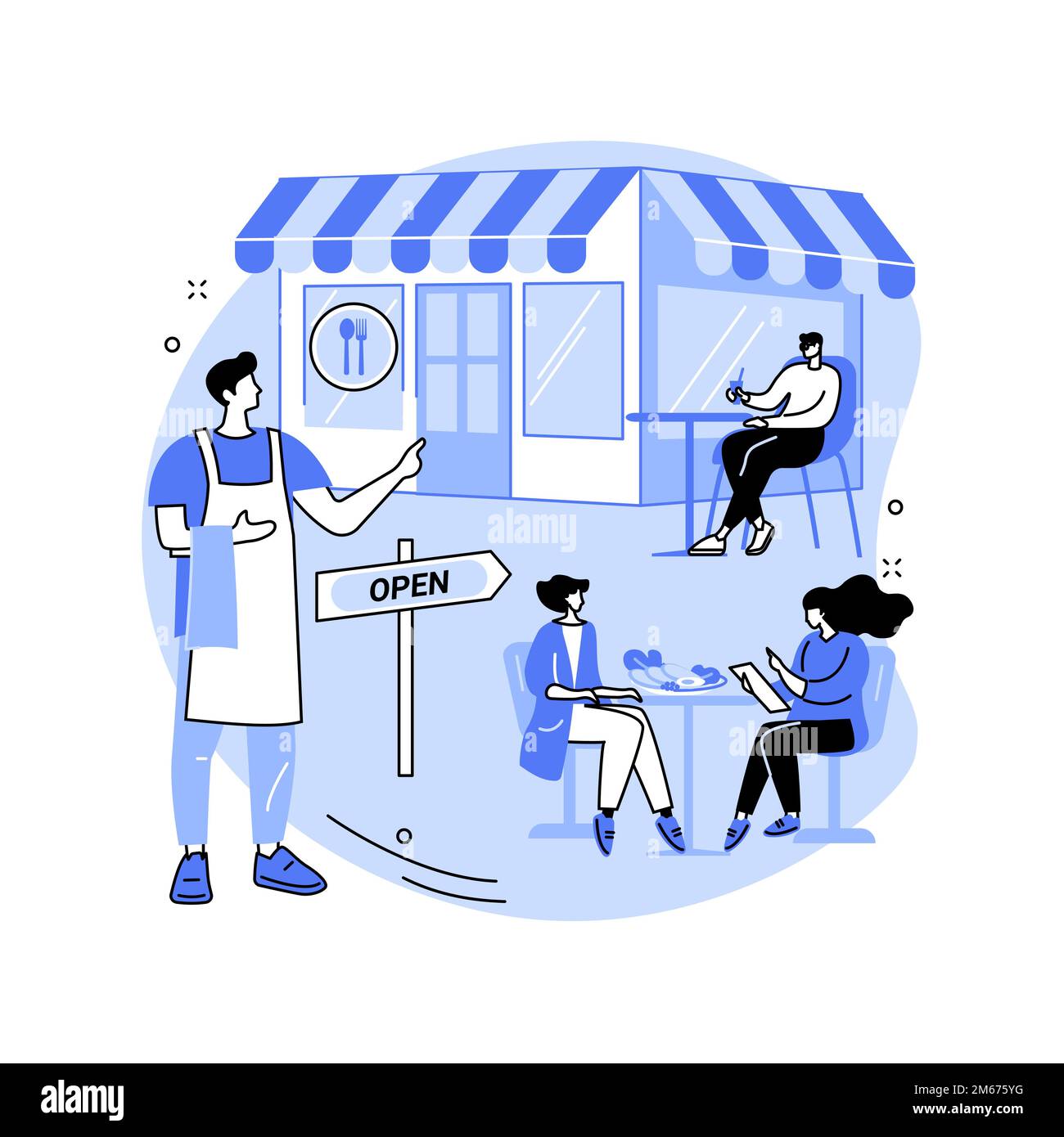 Restaurants Wiedereröffnung abstrakten Konzept Vektor Illustration. Pandemie Business Anpassung, Outdoor-Sitzbereich, außerhalb Essen, Tischabstand, soziale Stock Vektor