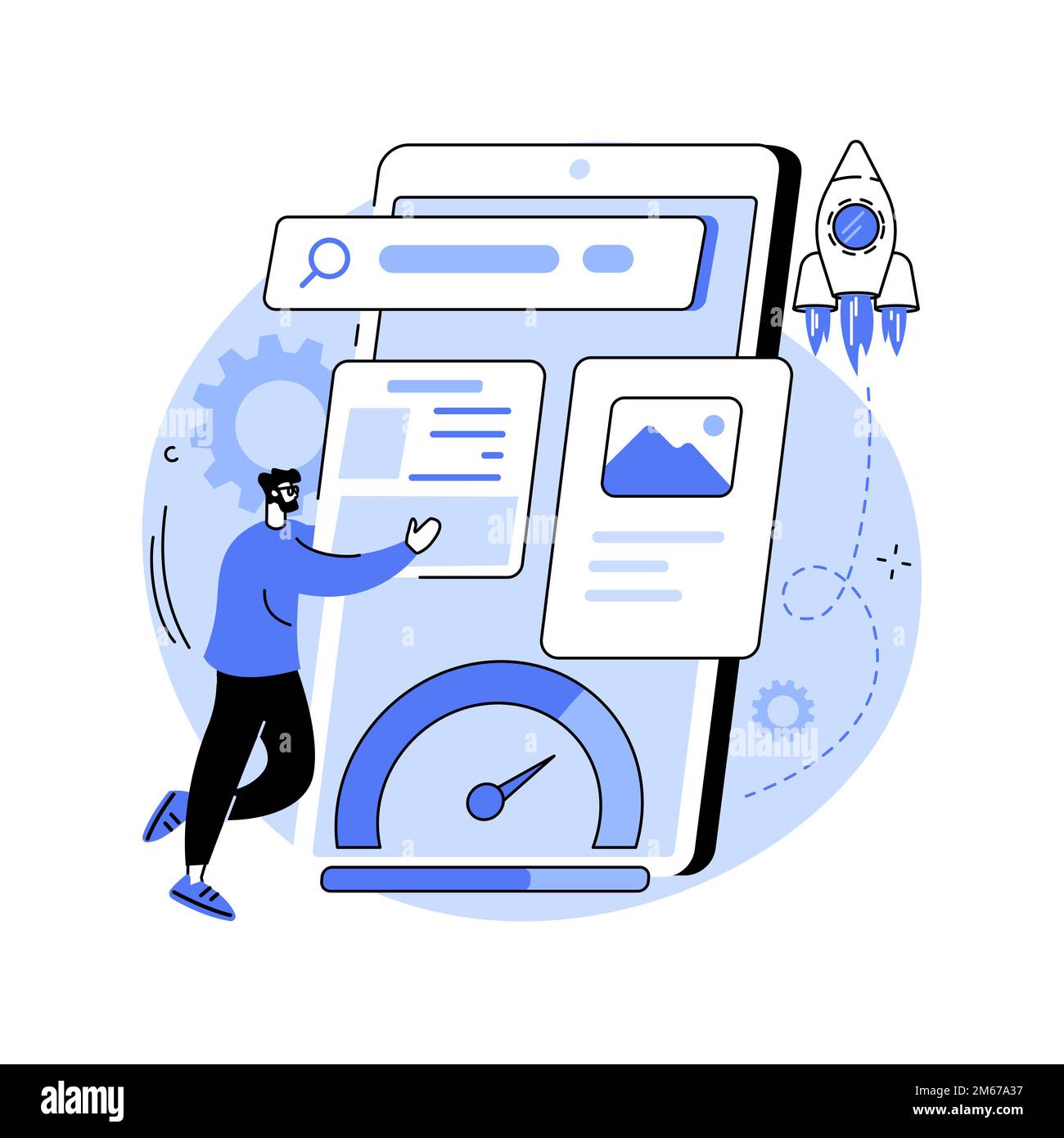 Beschleunigte mobile Seiten abstrakte Vektordarstellung des Konzepts. Entwicklung mobiler Websites, Website für beschleunigtes Laden, Smartphone-Version, Website-Desi Stock Vektor
