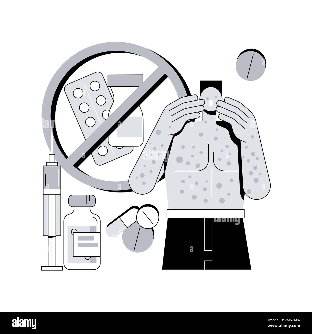Abstrakte Konzept Vektor-Illustration für Medikamentenallergien. Auslöser von Arzneimittelallergien, Risikofaktoren, Arzneimittelnebenwirkung, Arzneimittelintoleranztest, allergisch d Stock Vektor