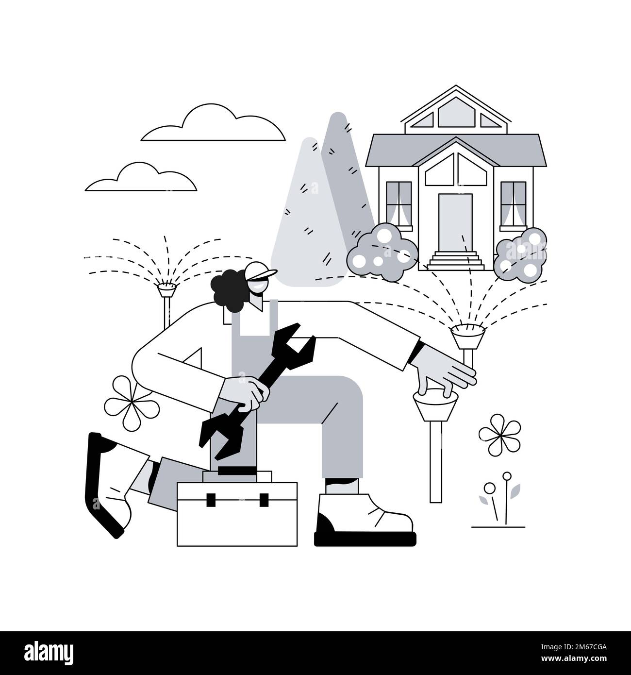 Rasenbewässerungssystem abstrakte Konzept Vektor Illustration. Rasensprenganlage, Bewässerung, Gartenschlauch, automatische Bewässerung, elektronischer Timer, Pop-up Stock Vektor