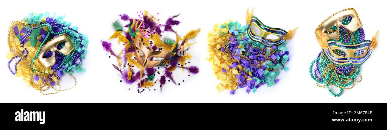 Collage aus hellen Karnevalsmasken mit Dekor auf weißem Hintergrund, Draufsicht Stockfoto